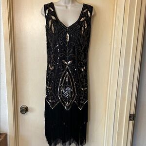 Black Beaded Fringe Mini Dress - Vintage-Inspired Evening size L